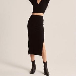 Abercrombie & Fitch Knit Sweater Ribbed Black Midi Skirt Side Slit Soft Stretch
